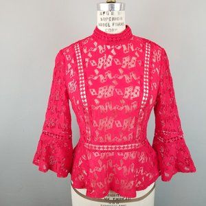 Minkpink Red Sheer Lace Blouse with Stars Flared Sleeves Women's Size Small